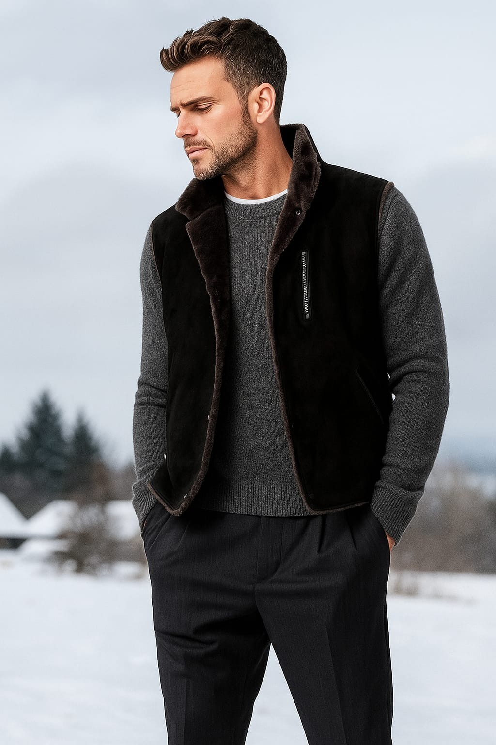 Men’s Shearling Leather Vest – Black & Dark Brown | Real Sheepskin Winter vest