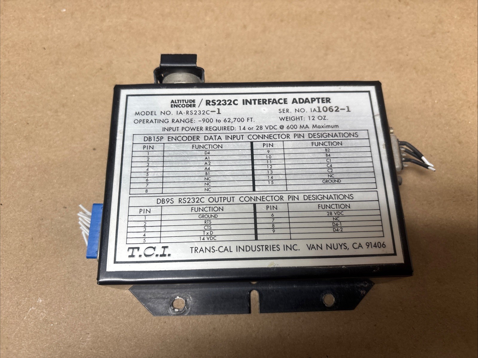 Trans-Cal TCI IA-RS232C Altitude Encoder RS232 Interface Adapter Tested Good
