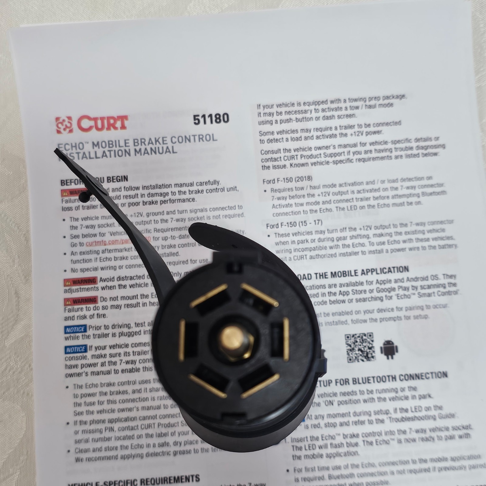 CURT Trailer Brake Controller 7 Way Connector Mobile Bluetooth Smart Phone 51180
