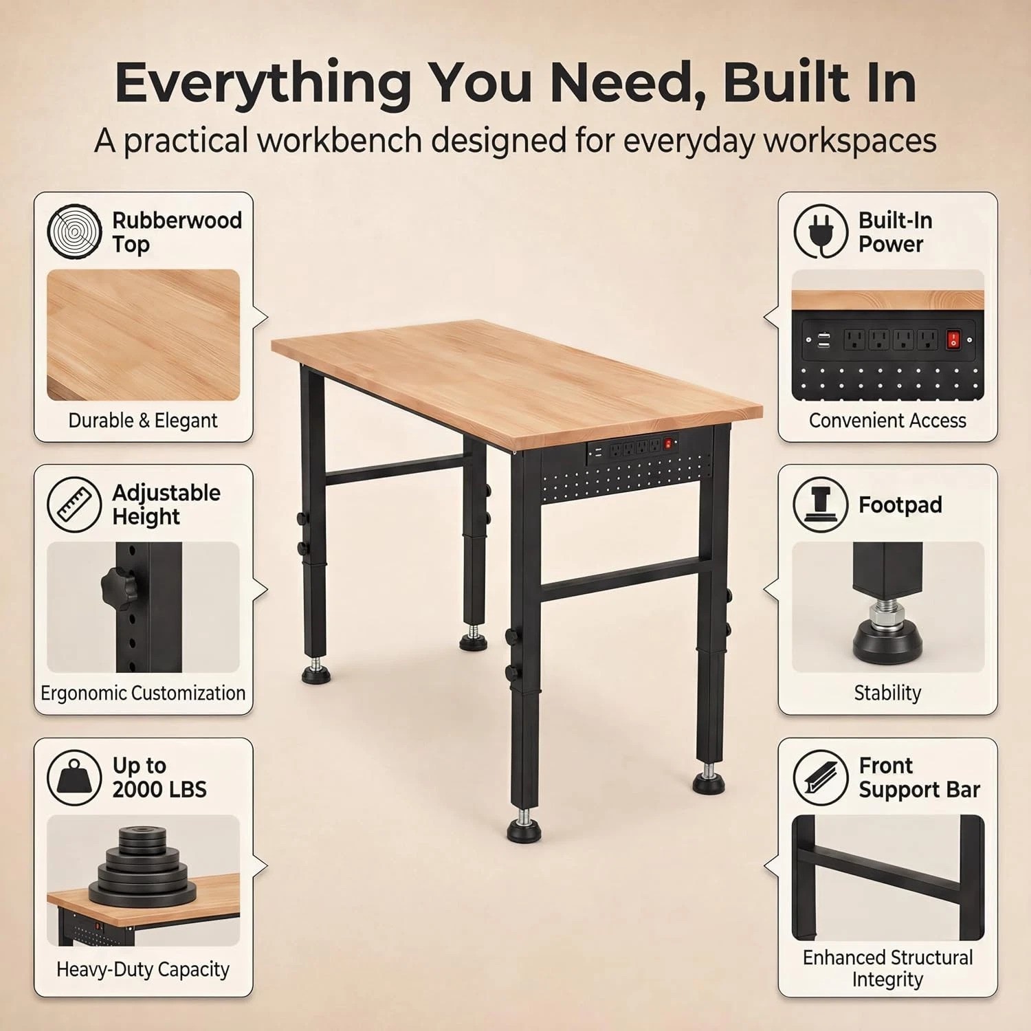 48" Adjustable Height Wood Workbench with Power Outlets - 2000 LB Capacity