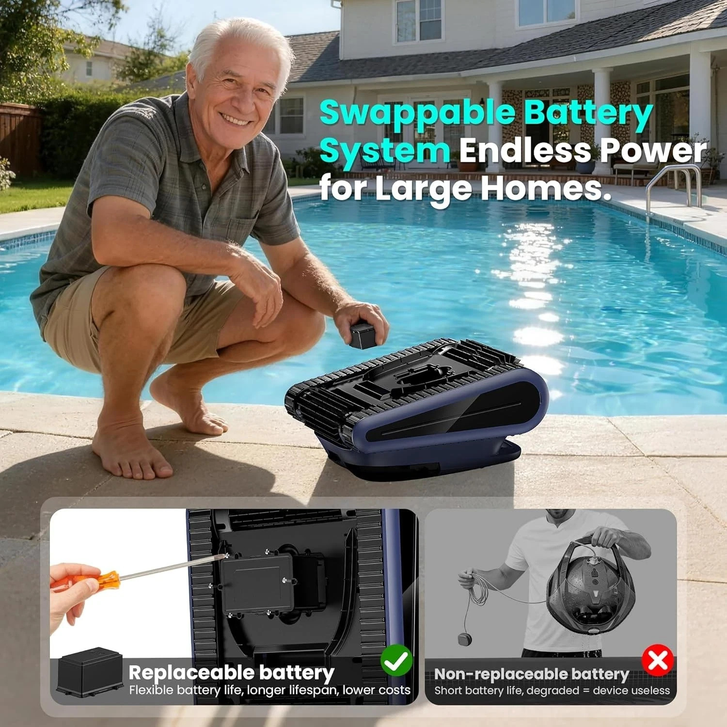 Seauto Cordless Robotic Pool Vacuum Cleaner Wall-Climbing Smart Wavepath Navigat