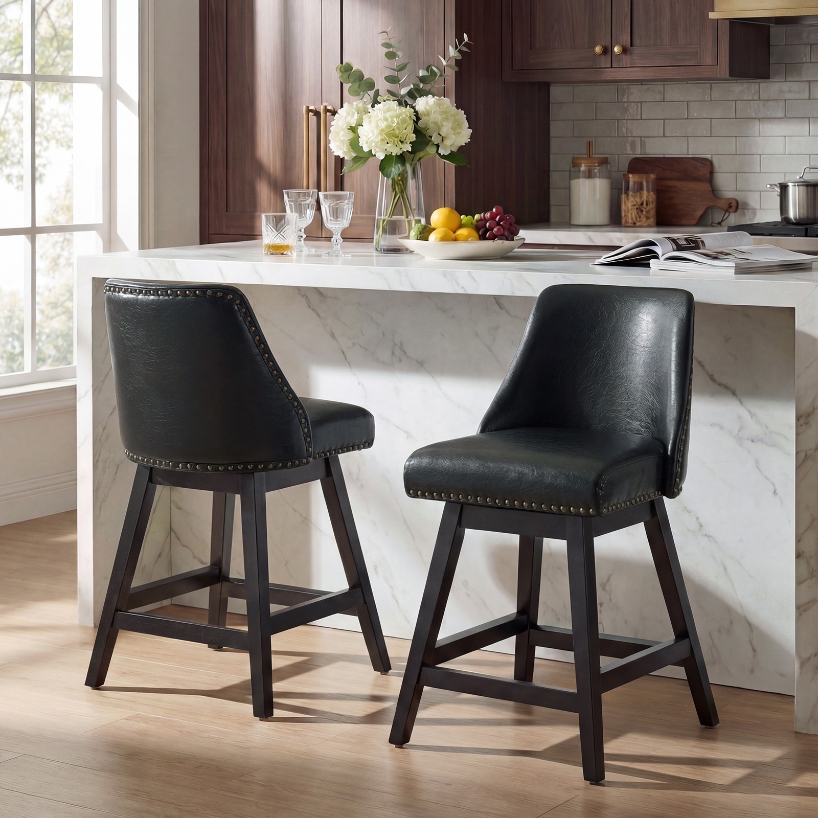 Firmoz 26" Swivel Bar Stool, Faux Leather Upholstered Solid Wood Pub Chairs