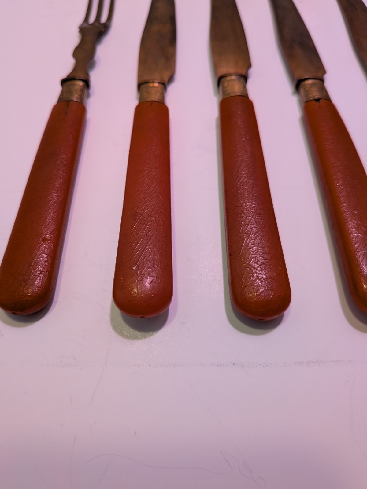Vintage Red And Brass Fork And Knife Set 6 Ct