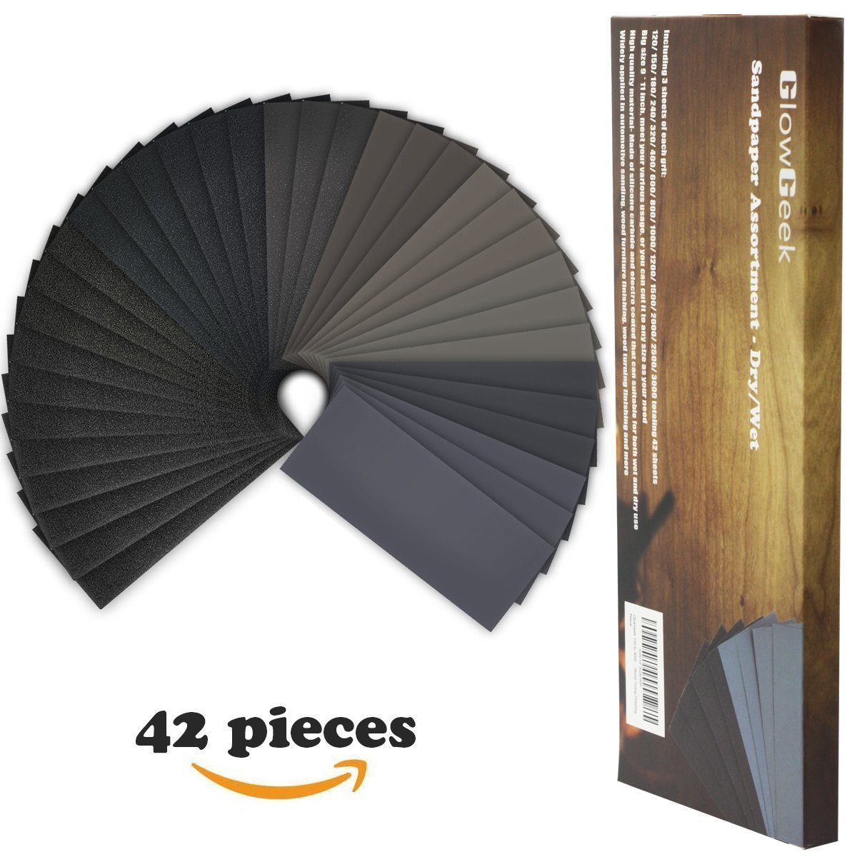 GlowGeek 120 to 3000 Grit Sandpaper Assortment, Dry/Wet, 9 x 3.6 Inch, 42 Pieces