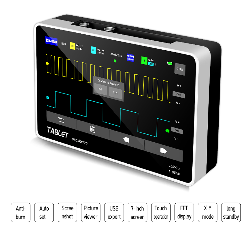 FNIRSI Mini 7" Touch Panel Digital Tablet Oscilloscope 2CH 100MHz Bandwidth 1GS