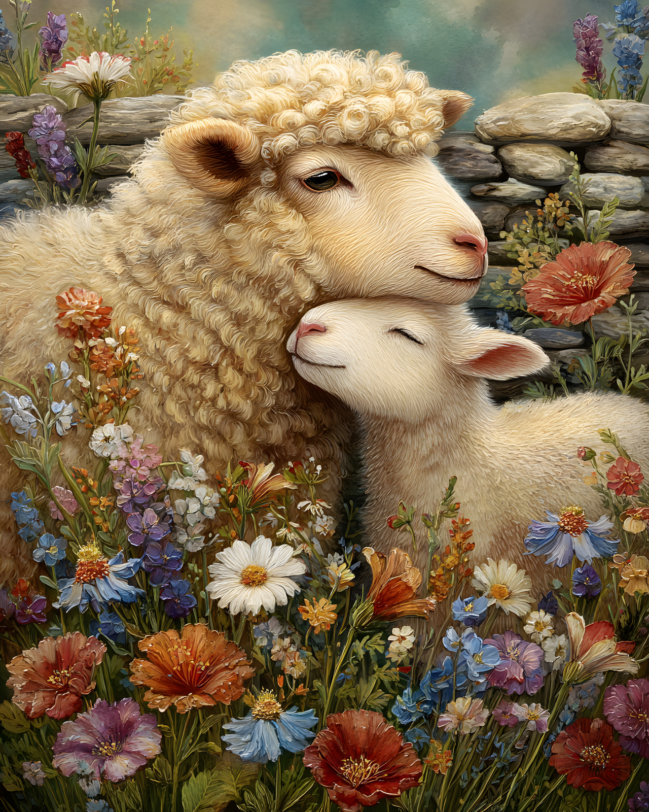 8x10 Cozy Storybook Sheep in Field of Flowers Art Print Cottagecore - 256805793