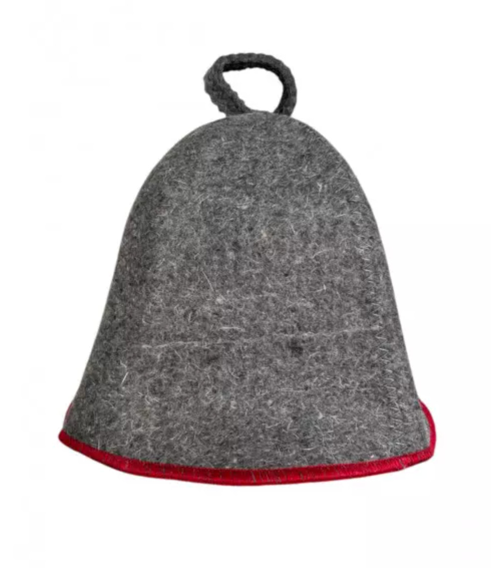 Sauna hat -   wool 100% , grey with red stripe