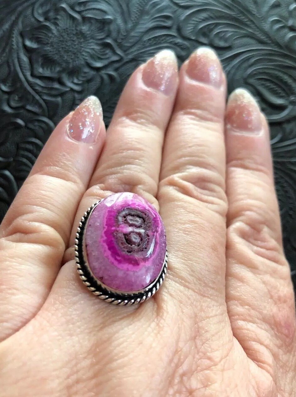 Artisan Pink Solar Quartz Ring Rope Bezel Size 8
