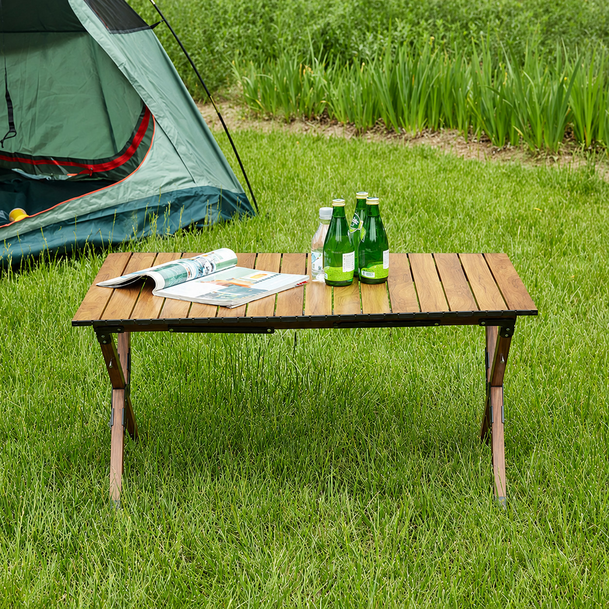 37in Portable Folding Camping Table Aluminum Picnic Table Wood Grain Brown