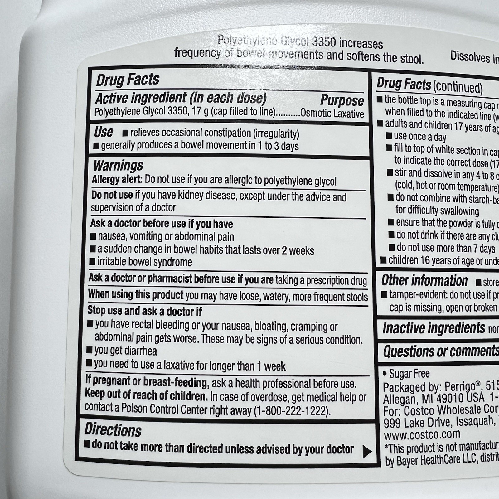 Kirkland 50 Doses LaxaClear Osmotic Laxative Polyethylene Glycol Stool Exp 01/27