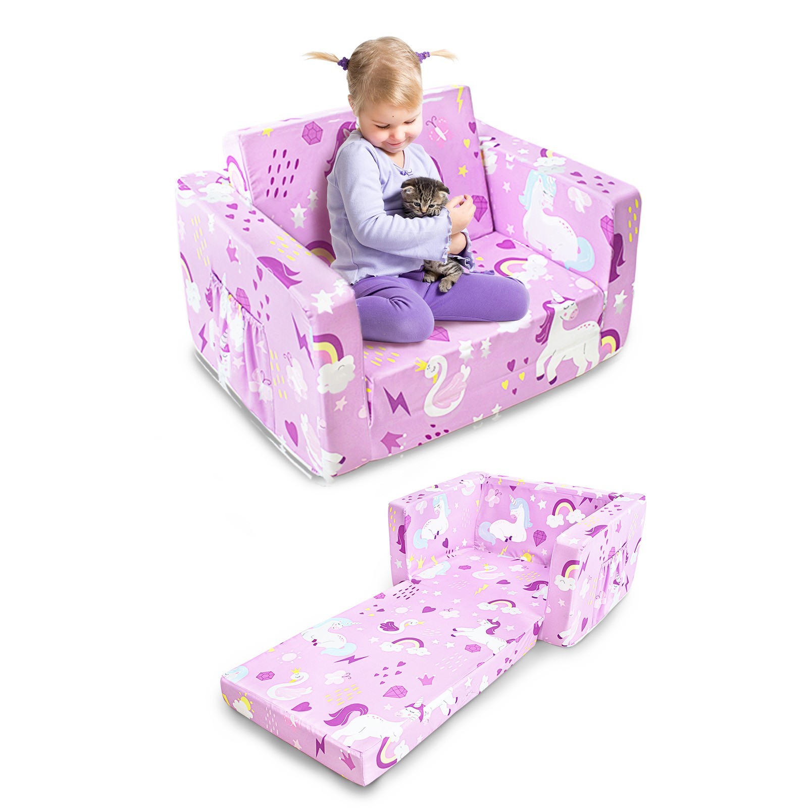 Zenkitch Toddler Sofa, 2-in-1 Cars Flip Open Toddler Couch, with Side Pocket