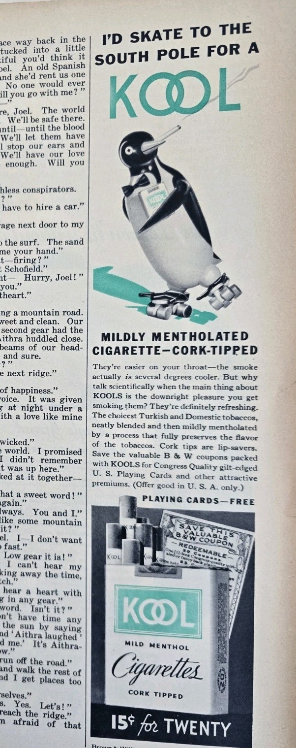 1934 Willys Penguin I'd skate to South Pole for Kool Cigarettes vintage Ad