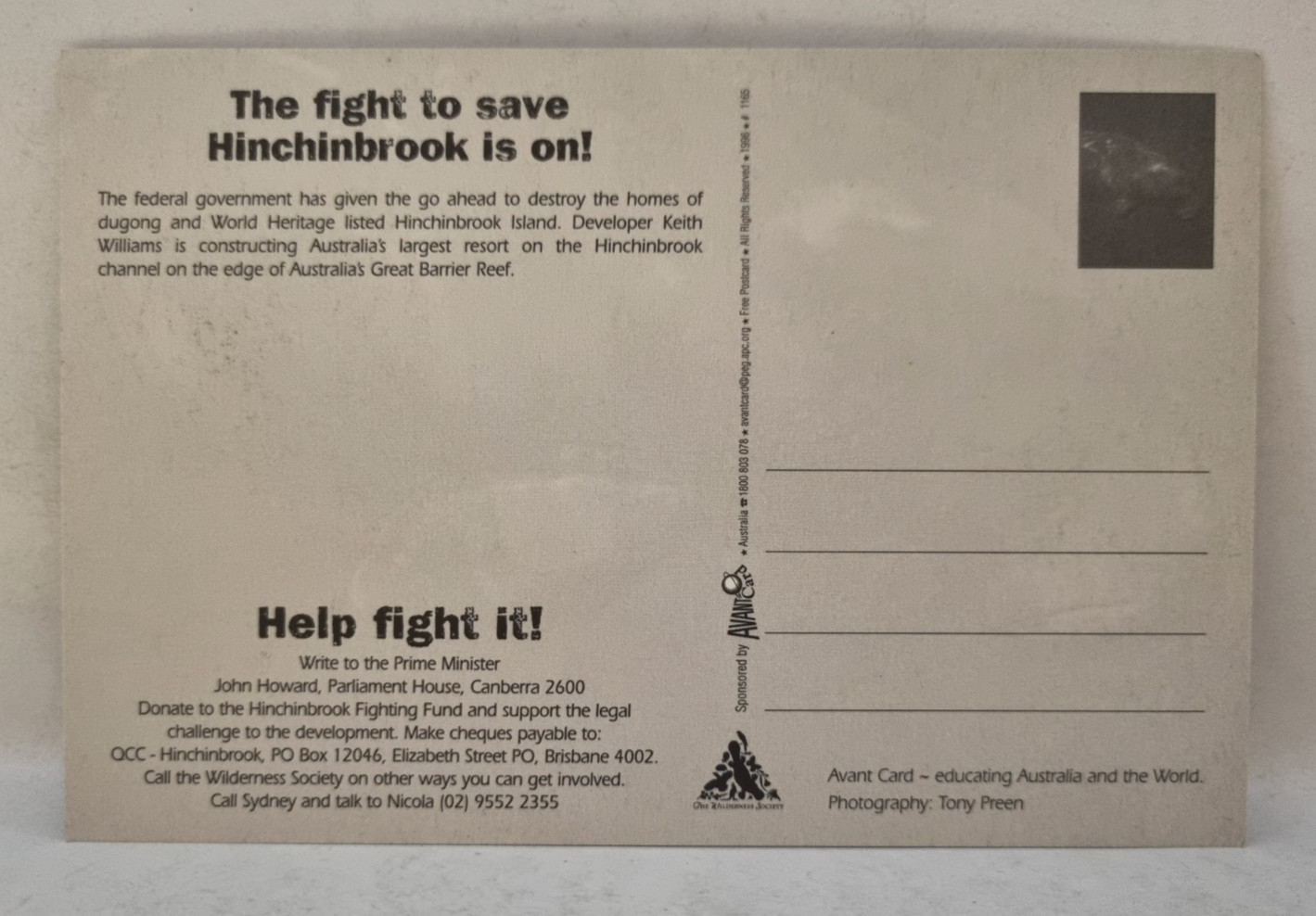 1996 Avant Postcard Save HINCHBROOK ISLAND World Heritage to Be Destroyed