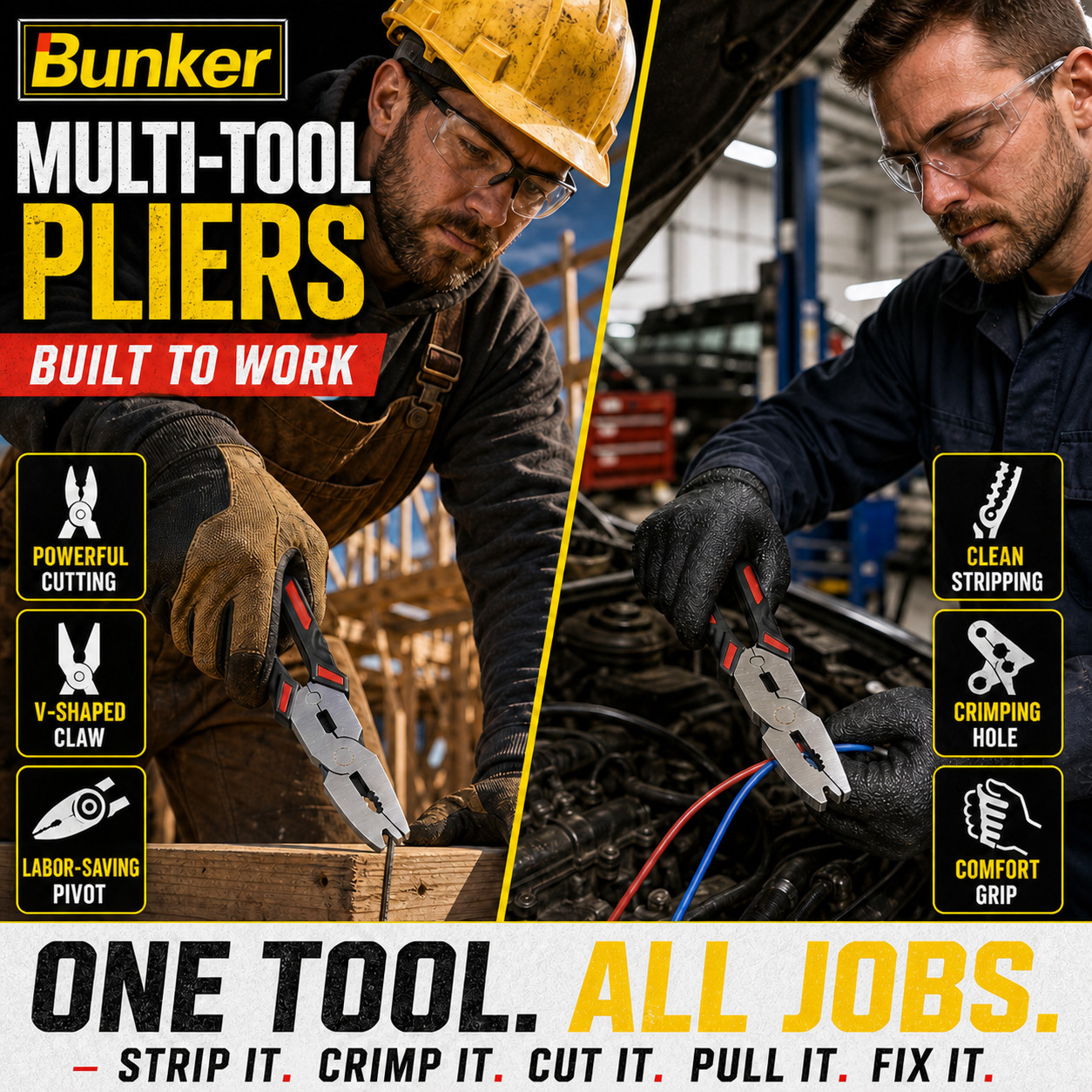 Bunker 6 in 1 Electrician Multi Tool Wire Stripper Crimper V-Shape Nail Puller