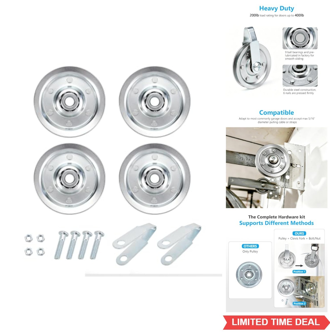 Garage Door Pulley Kit 3 Inch Heavy Duty 3/8 Inch Bore 200 lb Load 4 Sheave