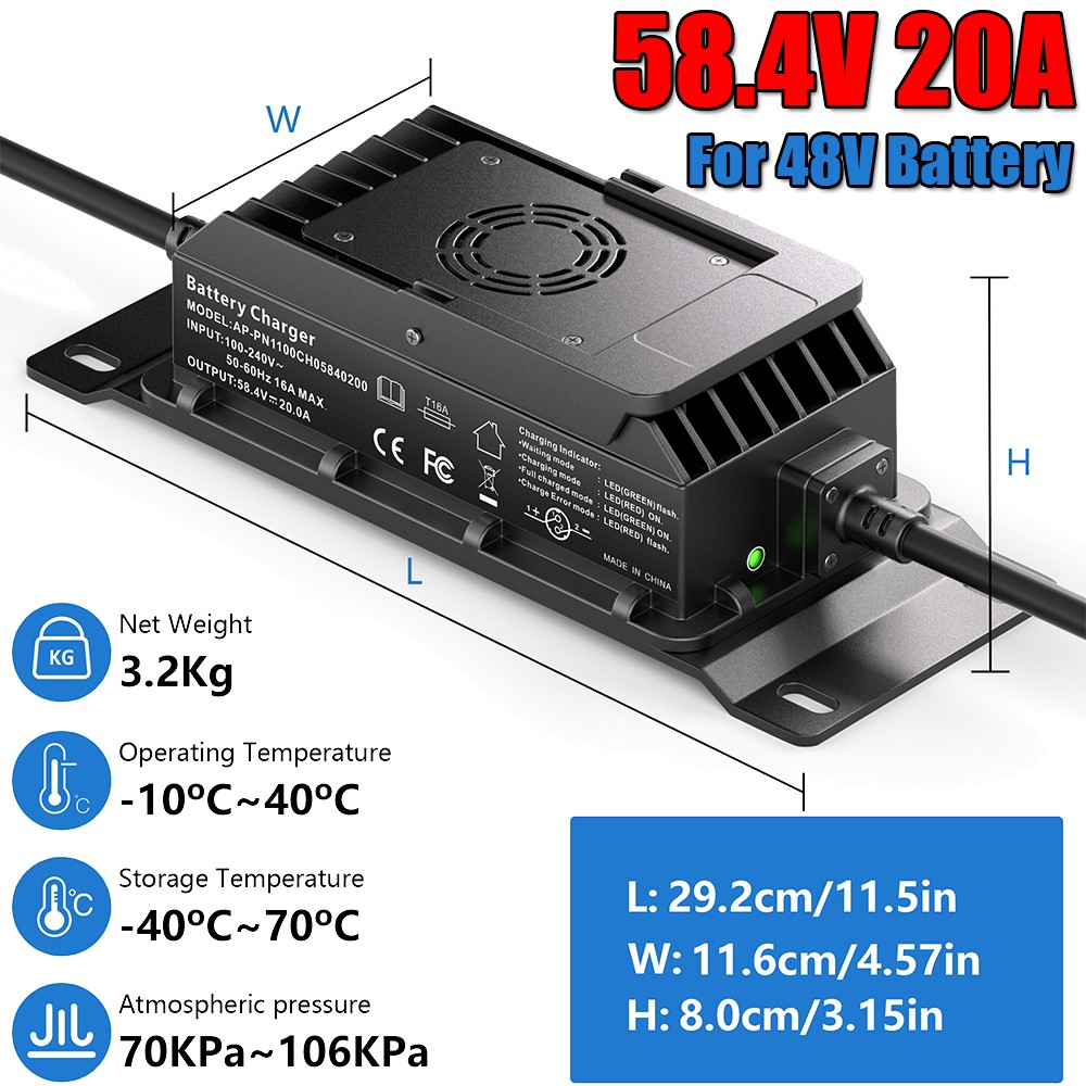 58.4V 20A LiFePO4 Lithium Battery Charger Fast Charging for 48V Lithium Battery