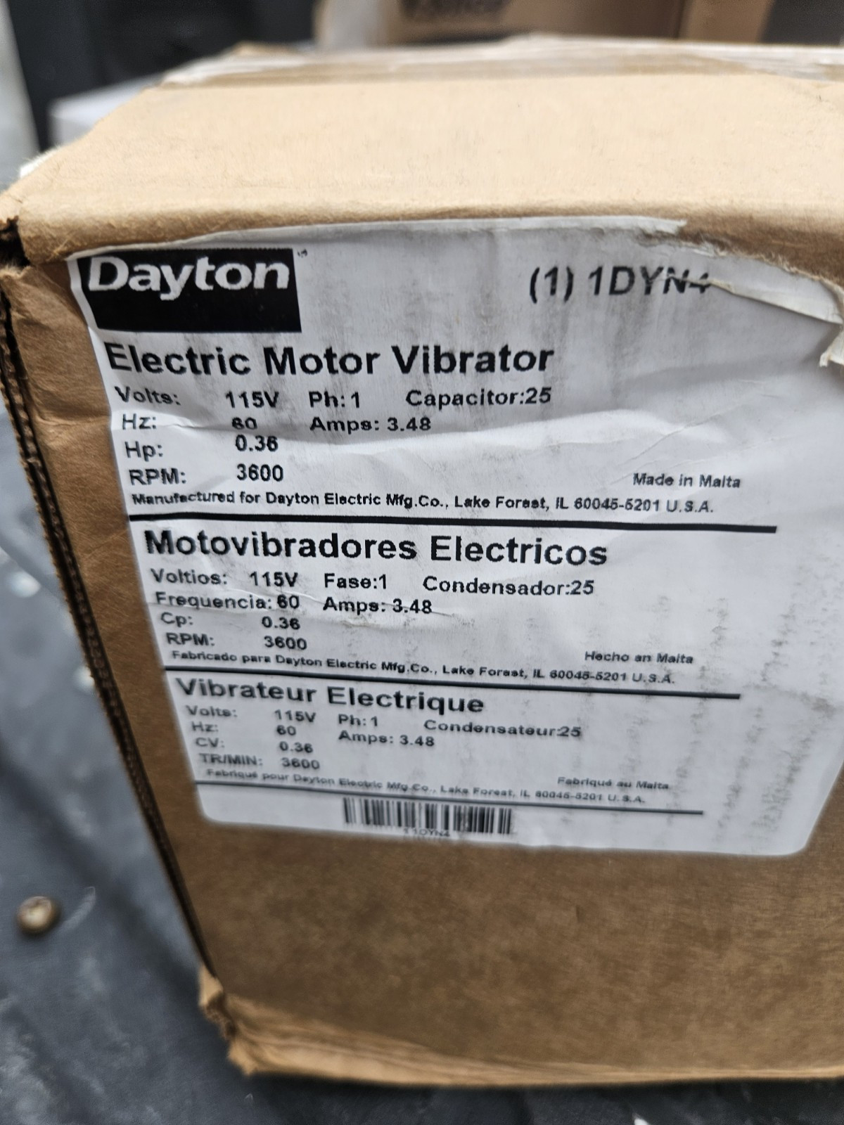 DAYTON 1DYN4 Electric Vibrator,1-Phase,Force 712 lb 1DYN4