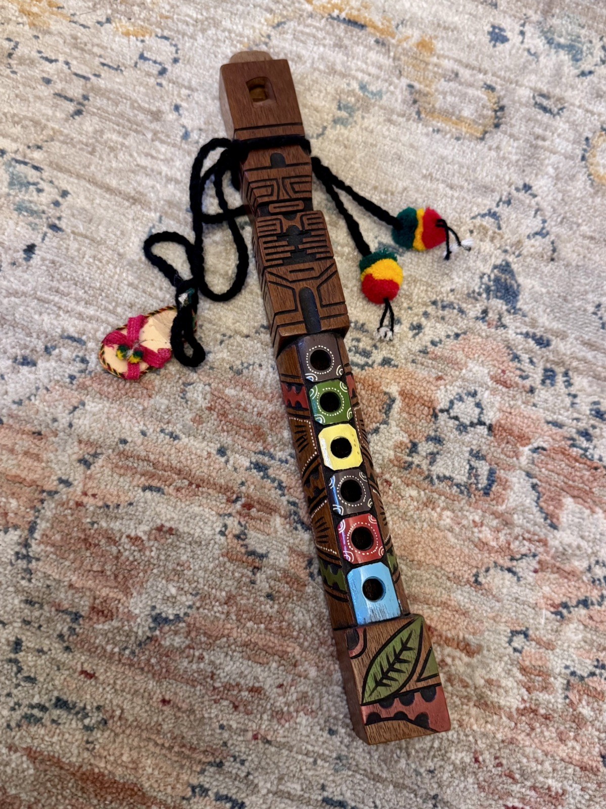 Artisan Wooden Peruvian Tarka Flute Hand Carved & Painted 12" South America 1996