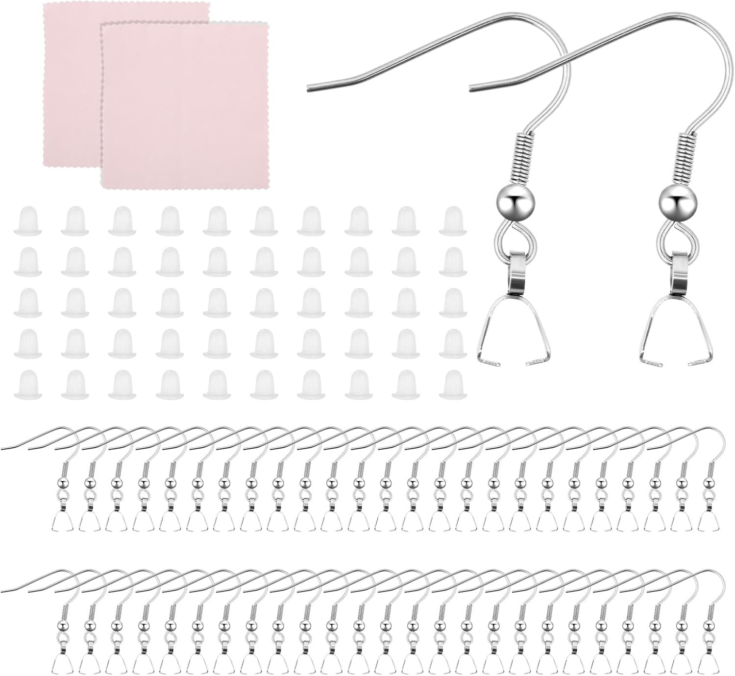 100Pcs Stainless Steel Earring Hooks with Silicone Backs & Polishing Cloth Set