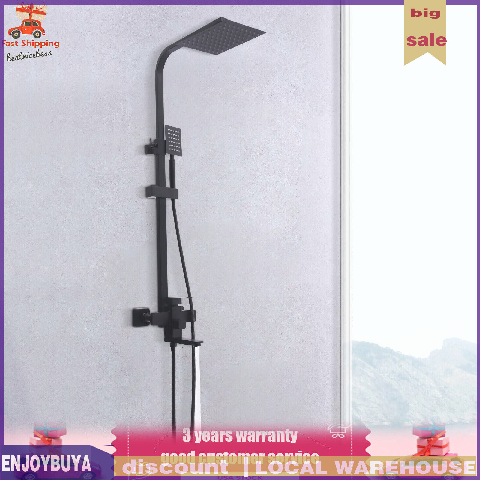 Shower Faucet Set System Rainfall Shower Head Handle Combo Kit Wall Mount Black