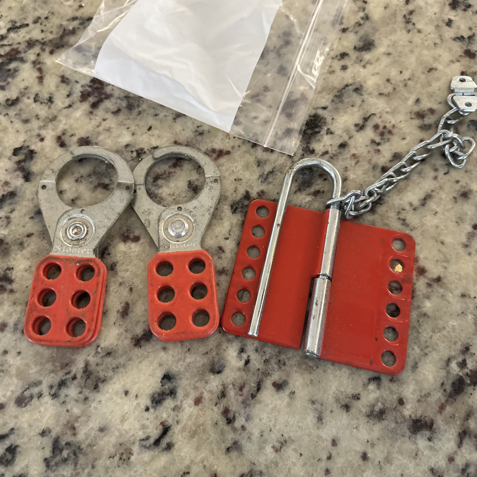 Lot Of 2 Master Lock Lockout Steel Hasps Vinyl Coated And 1 Other Lock.