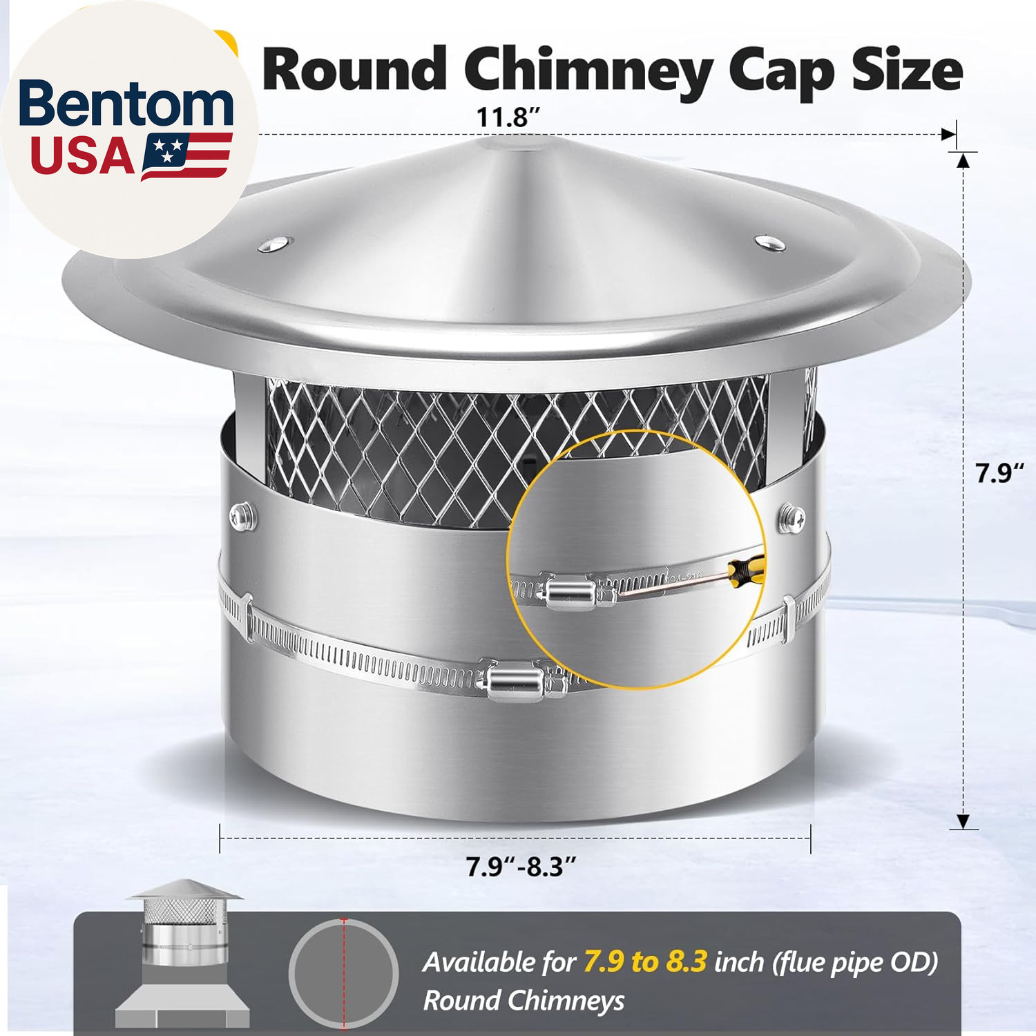 8 Inch Chimney Cap, 8" Stainless Steel Cone Top Chimney Cap with Screen, Adjusta