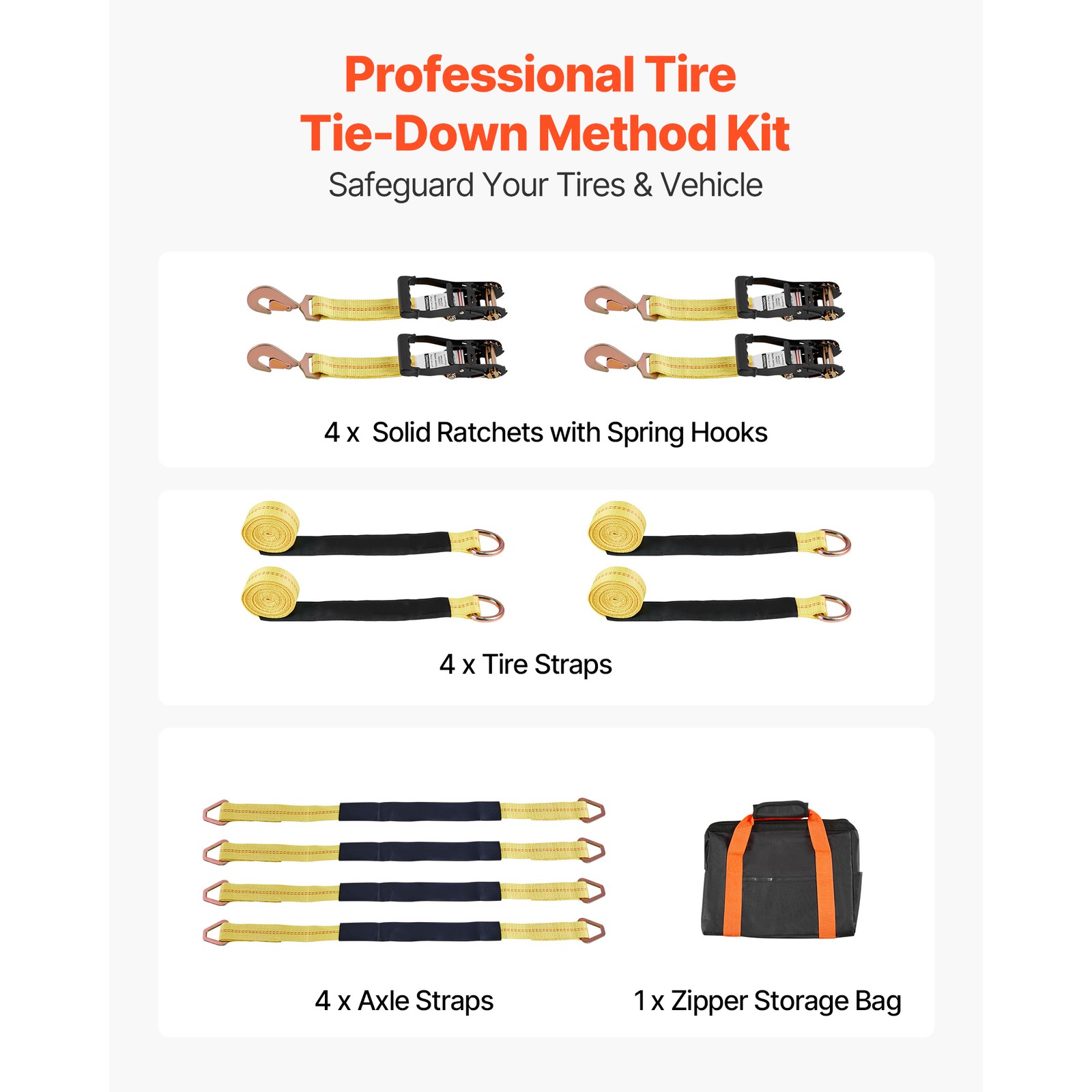 4 Set Wheel Chock Tie-Down Kit Flatbed Ratchet Tie Down Strap w/Spring Hooks