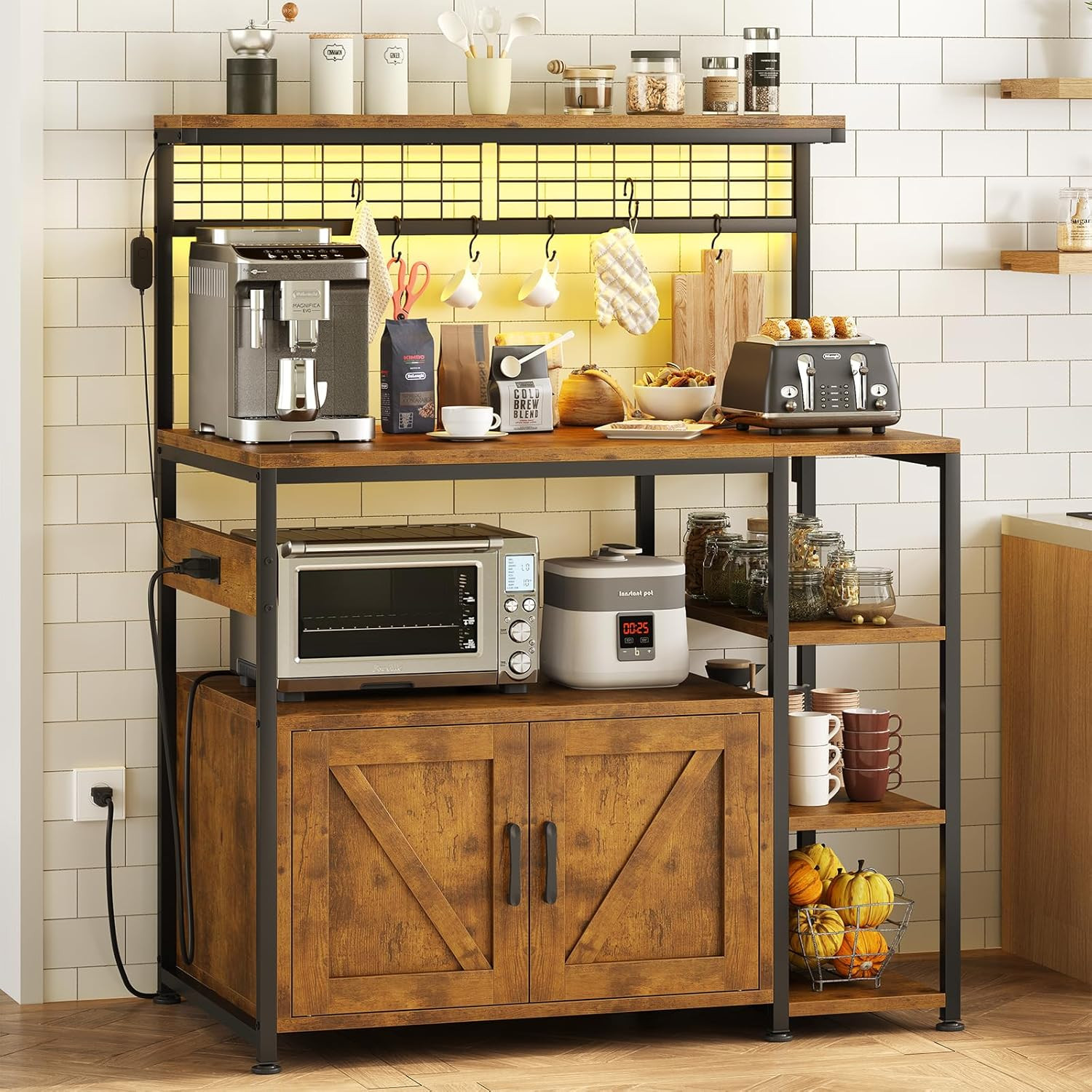 TVU Bakers Rack with Power Outlet and LED Light, Microwave Stand with Storage Ca