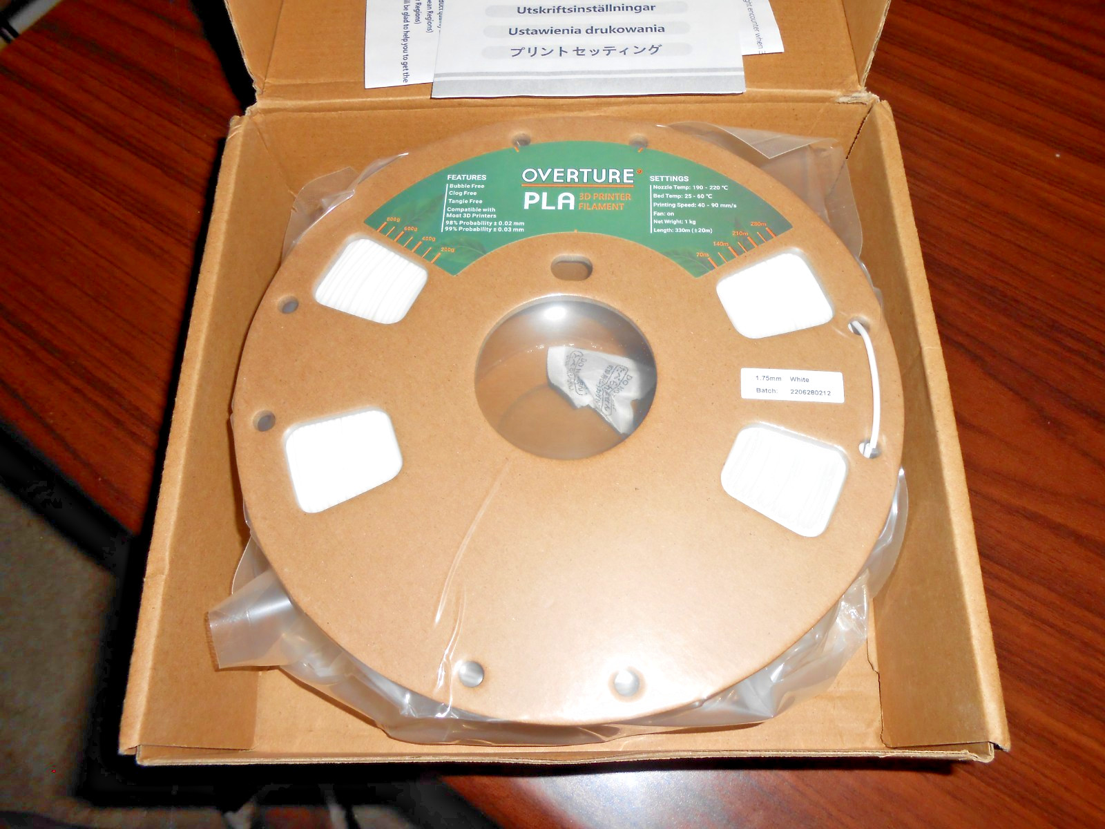 NIB - Overture PLA  3D Printer Filament, White, 1.75mm, 1kg, ... Sealed spool.