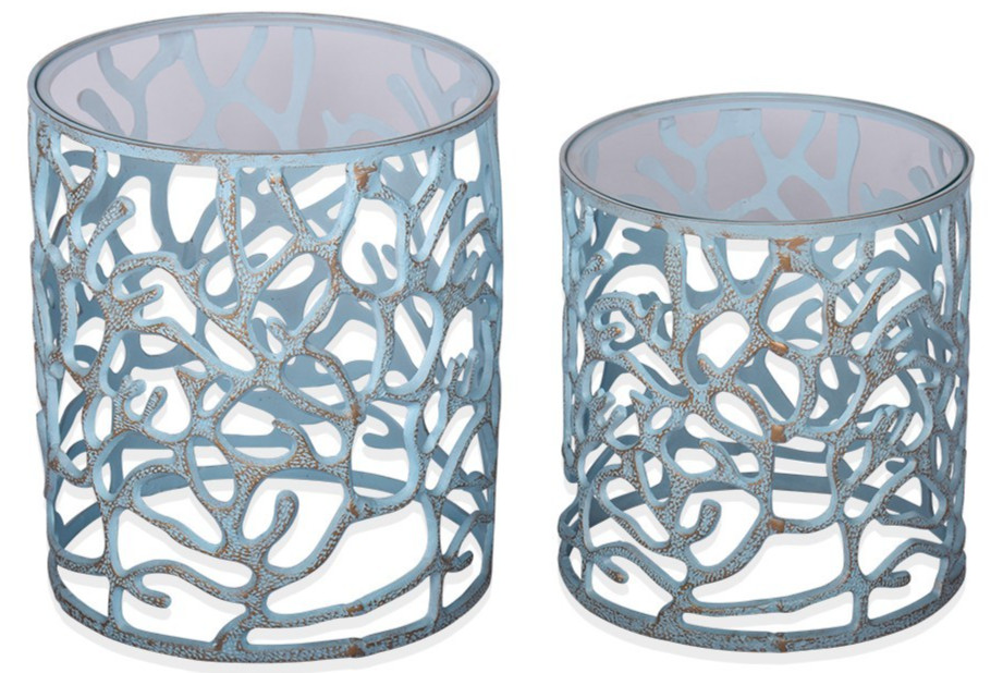 SET OF TWO CORAL MOTIF ALUMINUM TABLES-GLASS TOP- GARDEN-POOL DECOR-15''-18''H