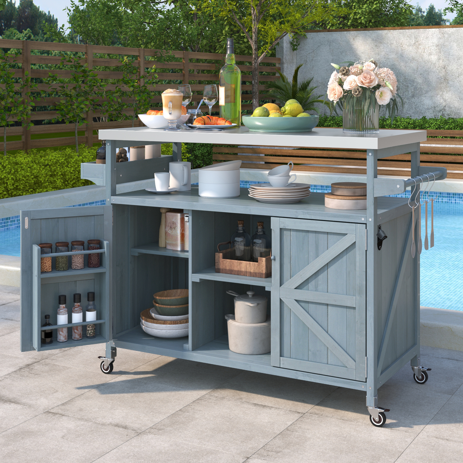 Wood Outdoor Kitchen Island Cart Rolling Bar Cabinet BBQ Grill Table Grey Blue