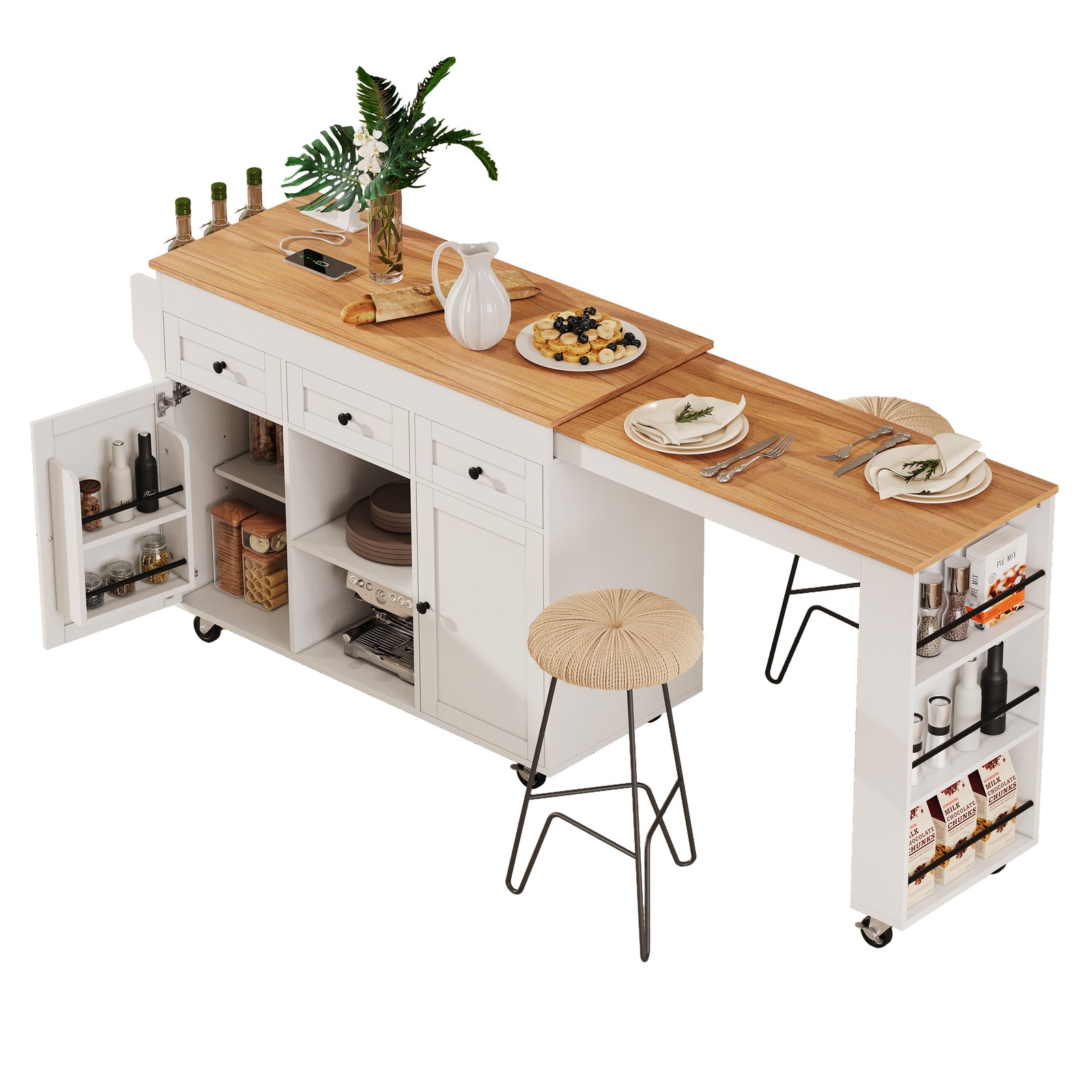 White Kitchen Island with Extendable Dining Table, 3 Drawers, 2 Doors, 85.5"