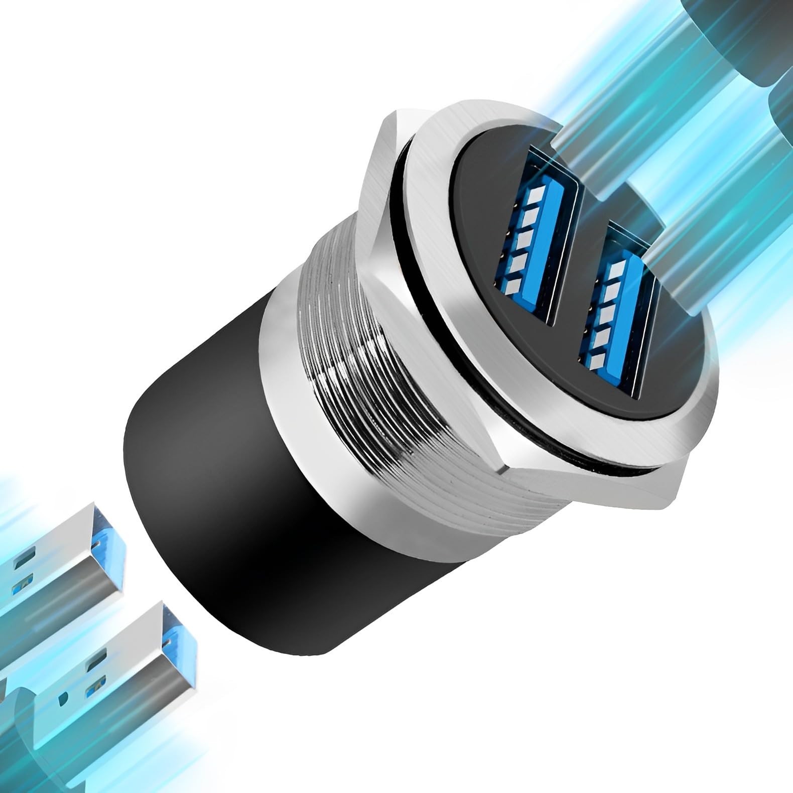 YiKaiEn Dual USB 3.0 Panel Mount Adapter - Threaded Round 1-Pack Silver