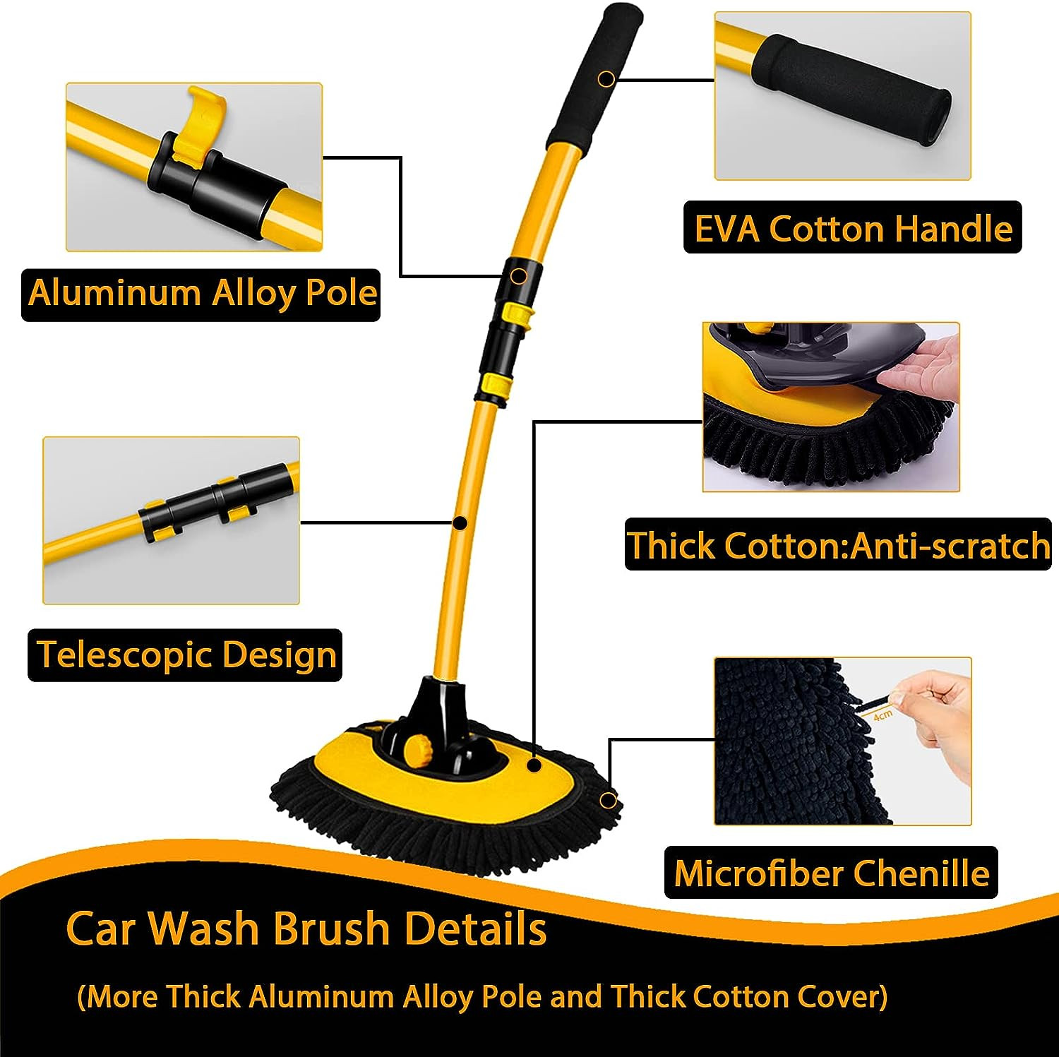 15° Curved Car Cleaning Brush with Telescopic Handle 43" Aluminum Alloy Long Rod