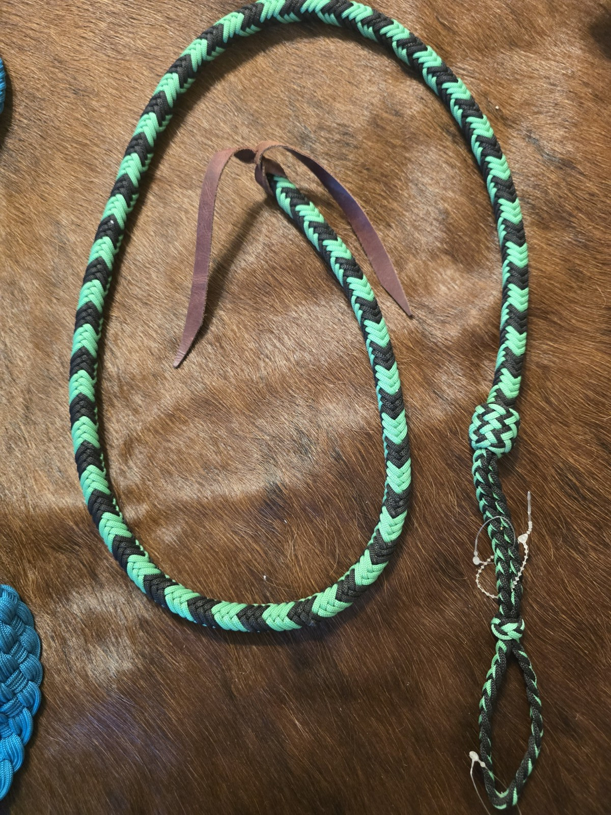Braided Rope Quirt Black/Green Rope  with Leather Ends Popper