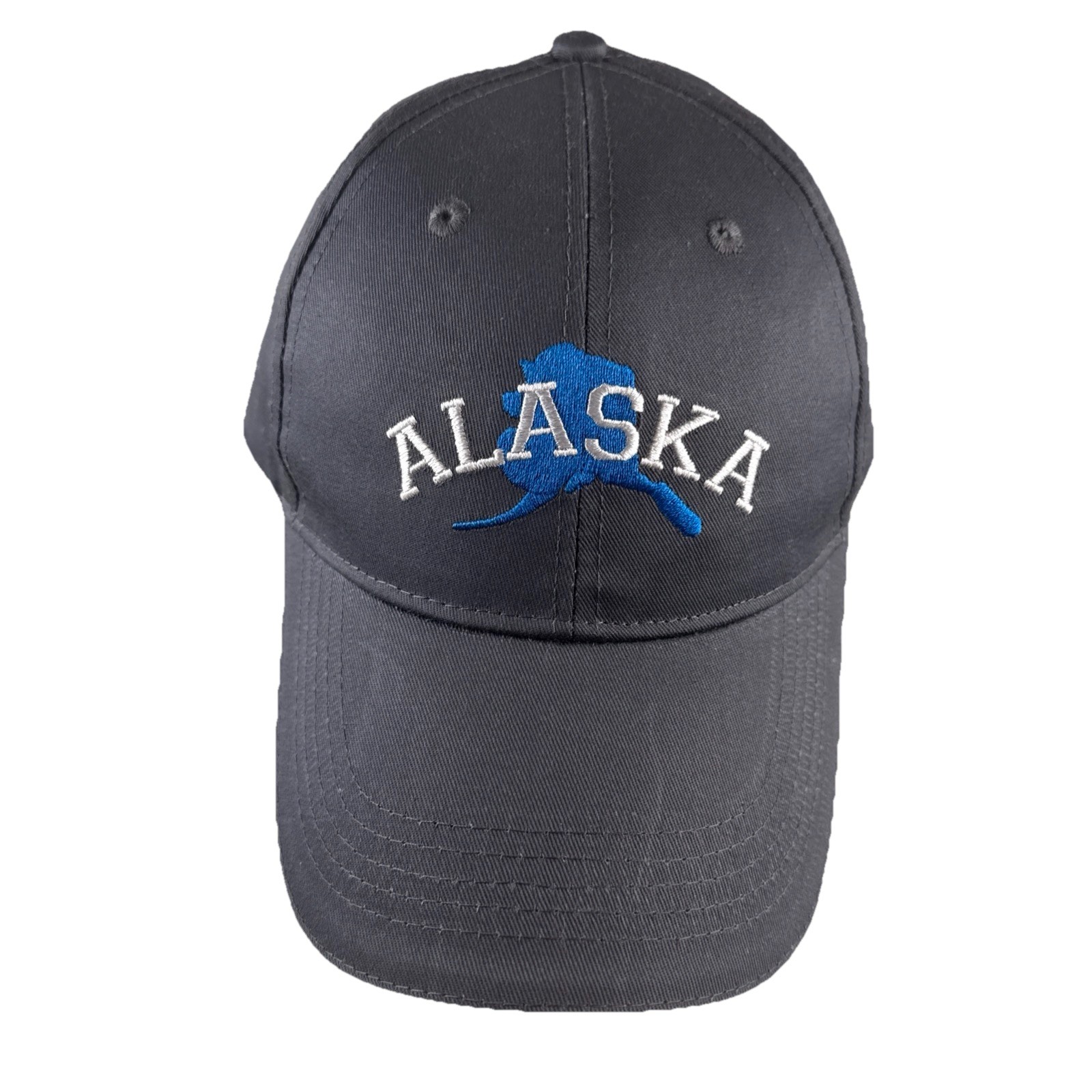 ALASKA in White over Royal Blue State Outline on Gray Hat Cap Hook Loop