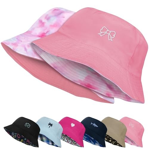 Kids Sun Hat UPF 50+ Double Side Bucket Hats for Boys Girls 8-13 Years Pink