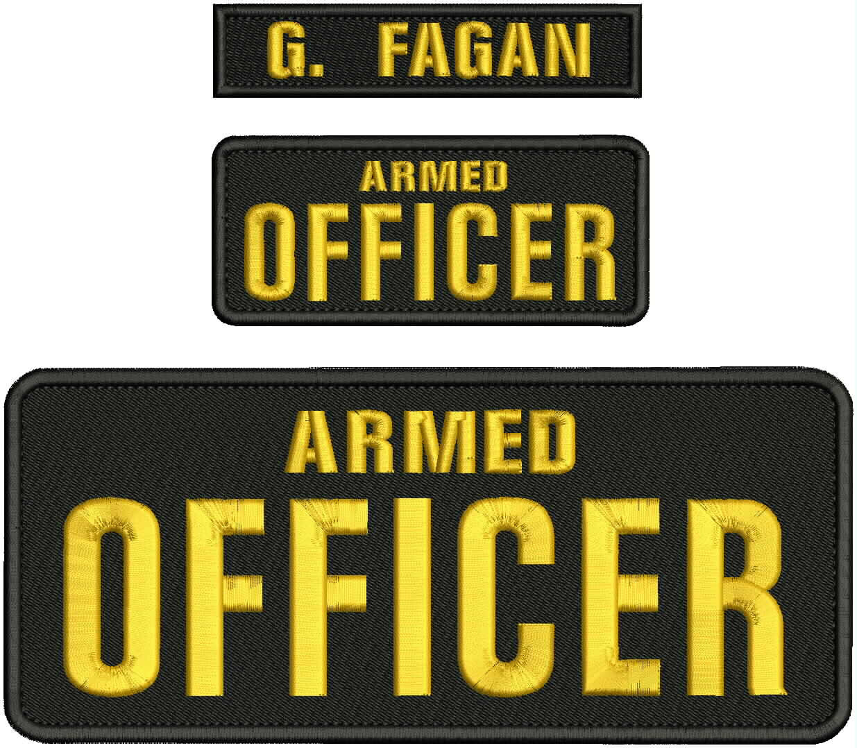 ARMED OFFICER EMBROIDERY PATCH 4X10 AND 2X5 HOOK ON BACK  gold on black