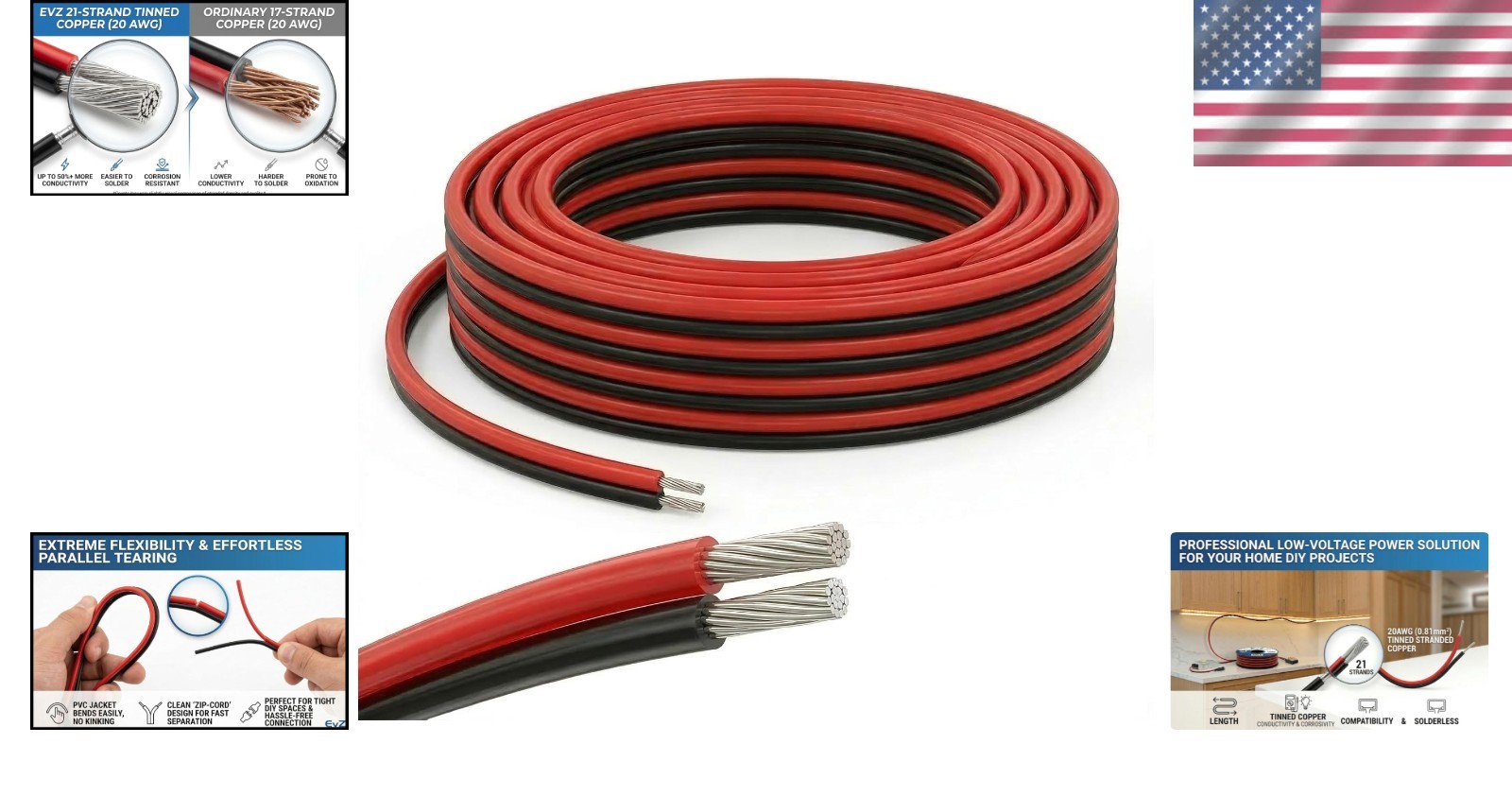 Versatile 20 AWG 2-Conductor Electric Cable - 66ft for Single Color LED Lighting