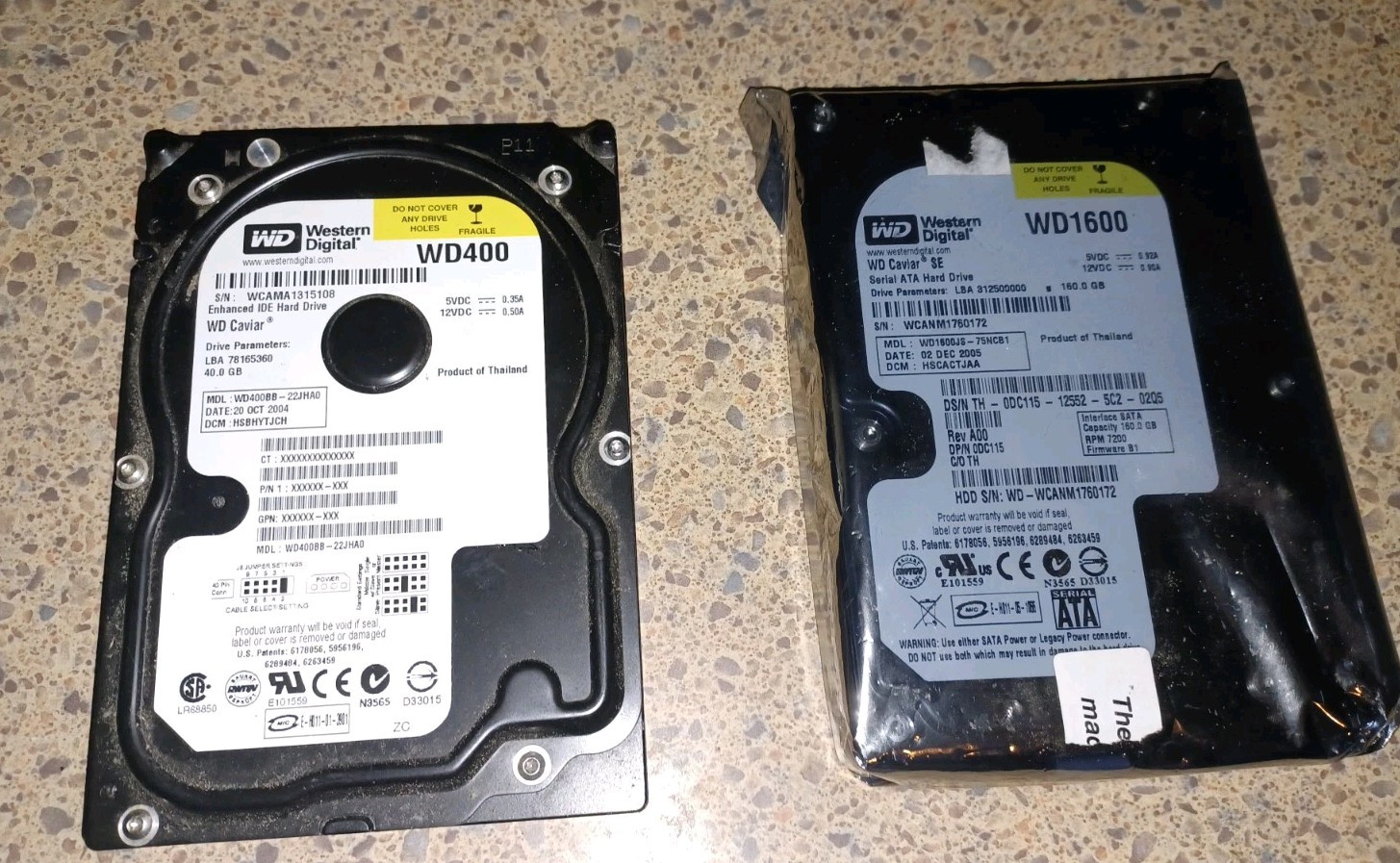 2 Western Digital WD1600JS-75 & WM400BB-22 Hard Drives One In Static Envelope