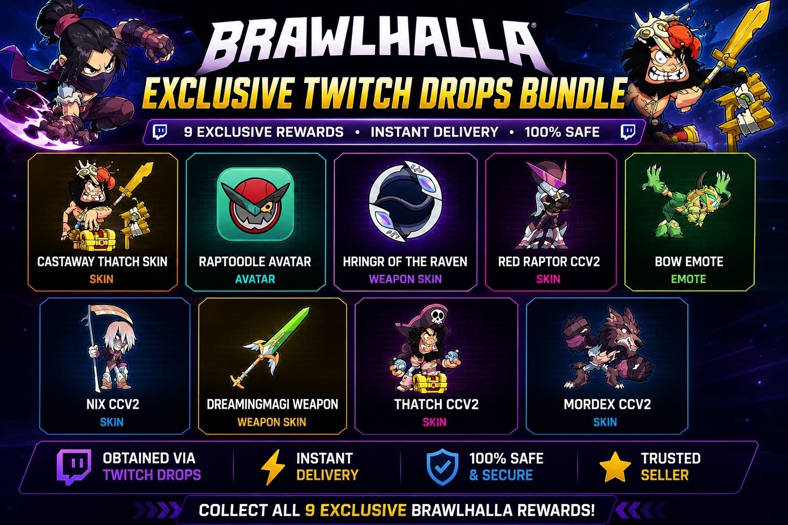 Brawlhalla Twitch Drops 9 Exclusive In-Game Items | Skins, Weapon Skins & Avatar