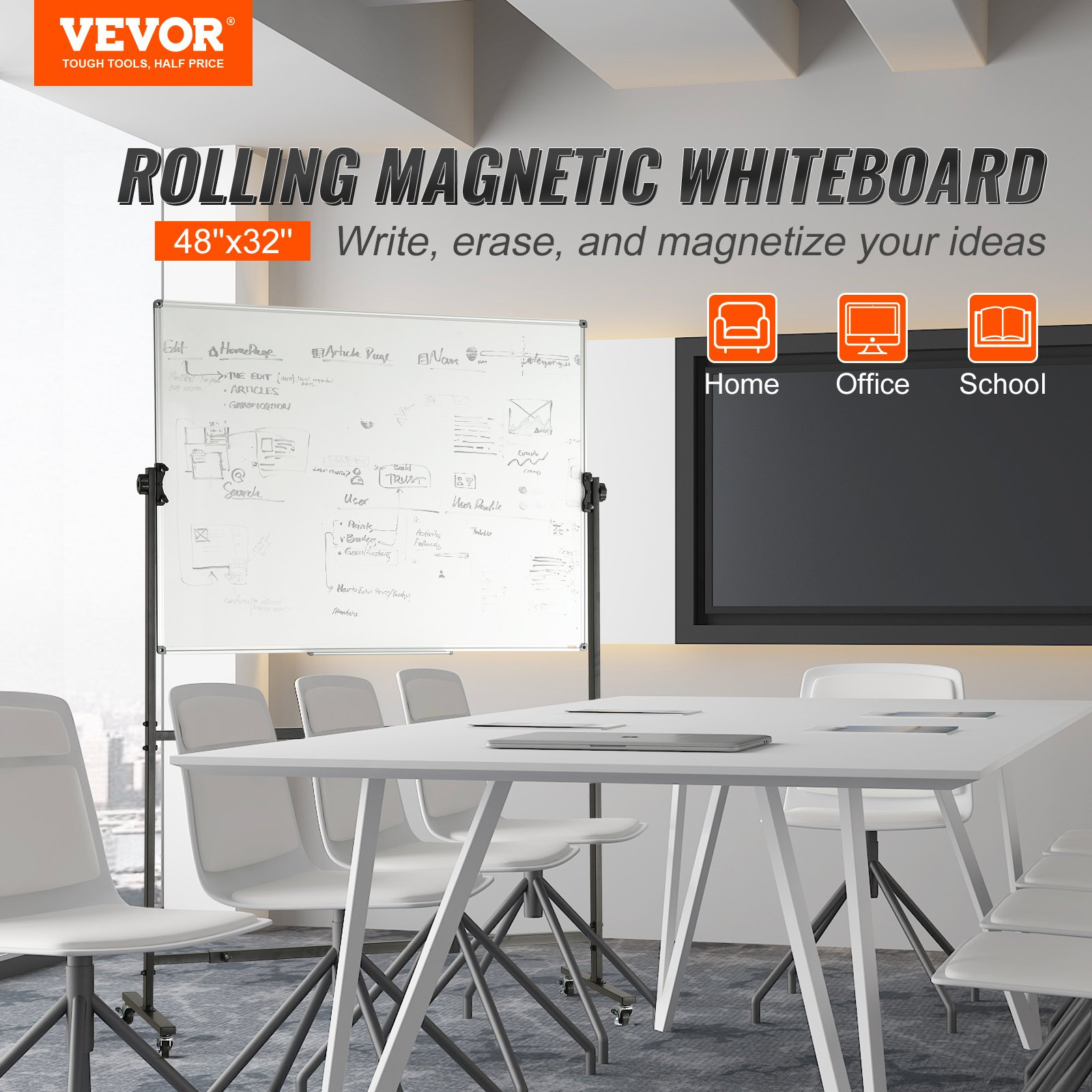 Rolling Whiteboard, 48x32 inch Double-Sided Magnetic Mobile Whiteboard, 360° Re