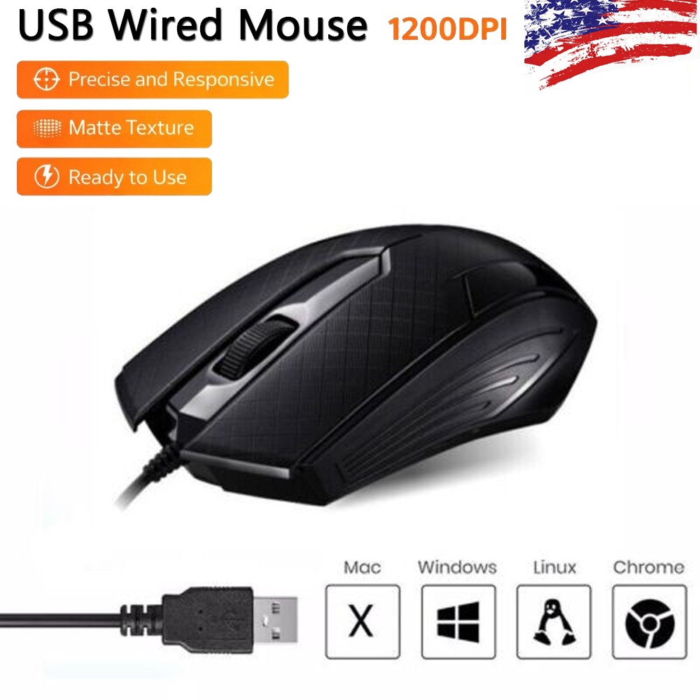 Ergonomic USB Wired Optical Mouse For Desktop PC/Laptop Scroll 1200Dpi NEW Black