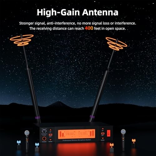 Dual Channel Wireless Microphone System, 2 Handheld Dynamic Mic, 200 UHF