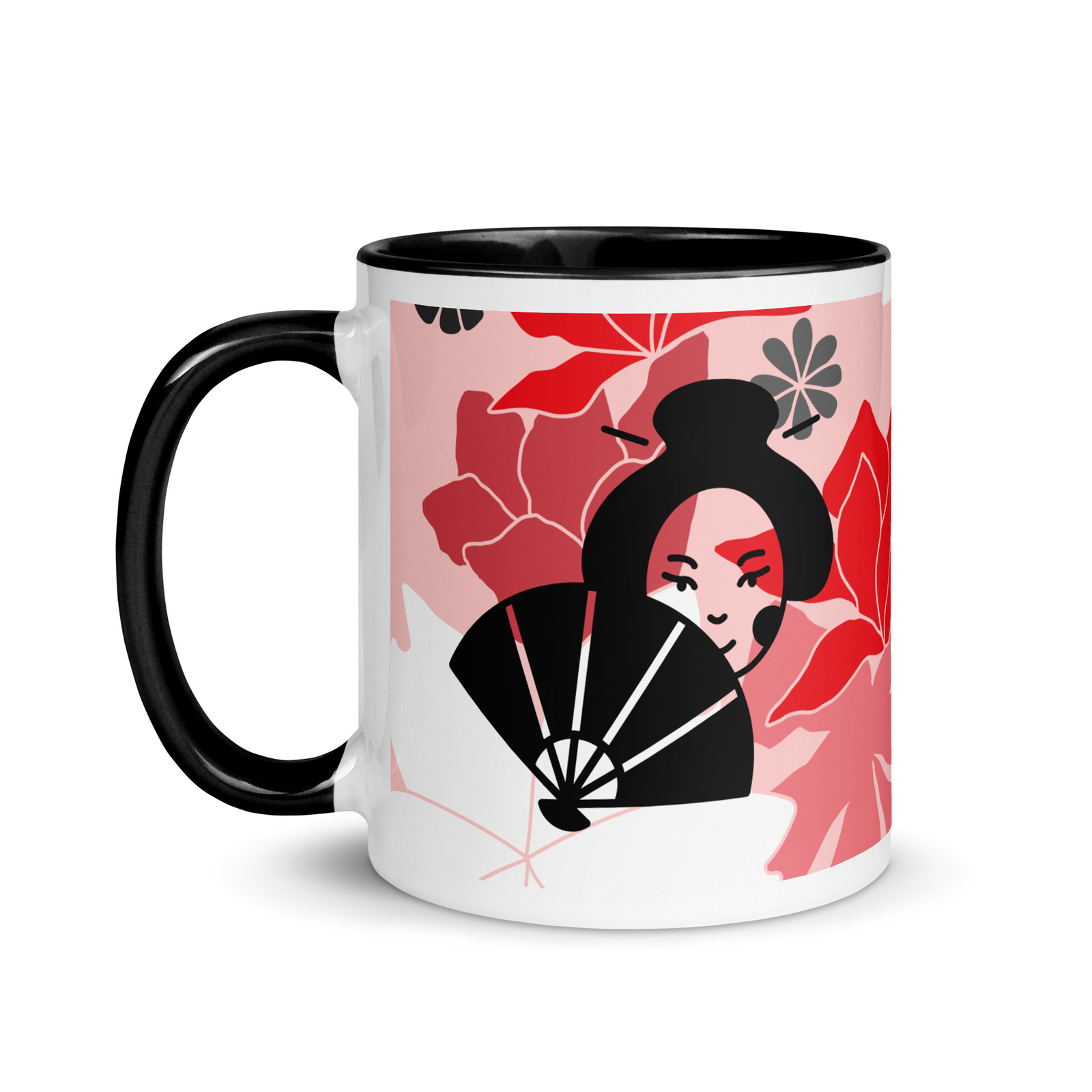 Geisha with Pink & Red Flowers, Mug with Color Inside