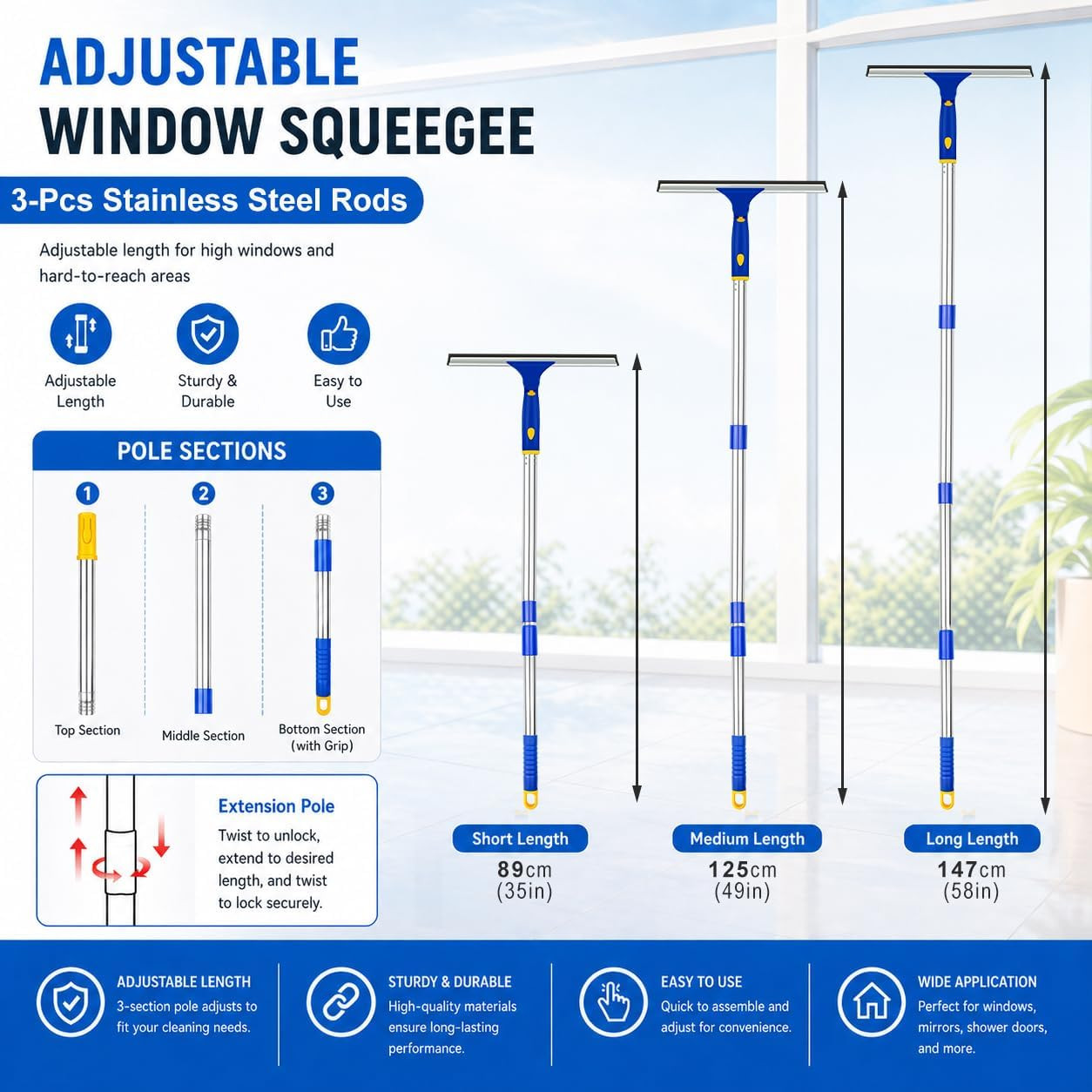 Window Squeegee with Extension Pole, Separate 12" Squeegee & 11" Microfiber Scru
