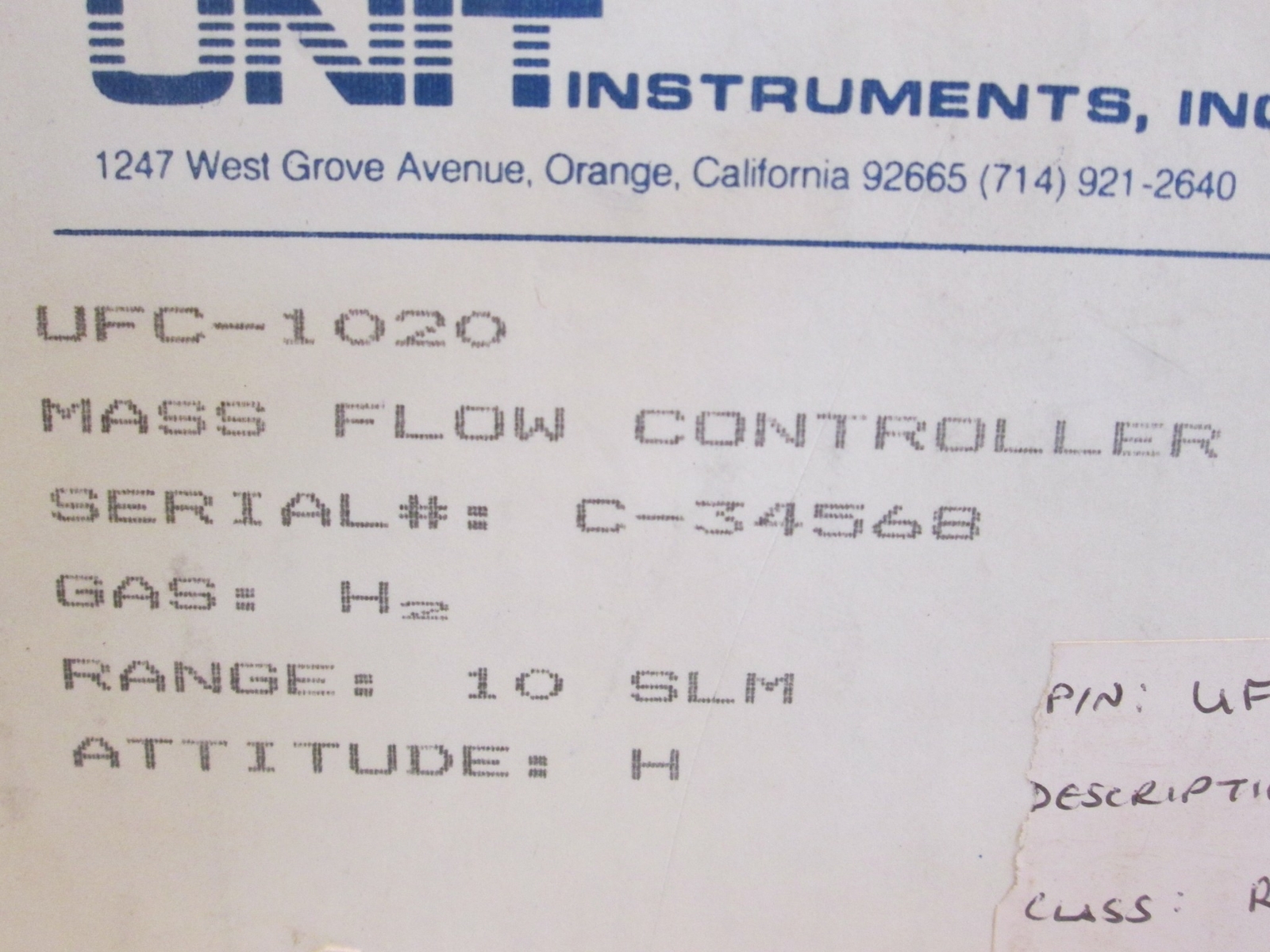 Unit UFC-1020 Mass Flow Controller MFC, H2, 10 SLM, New