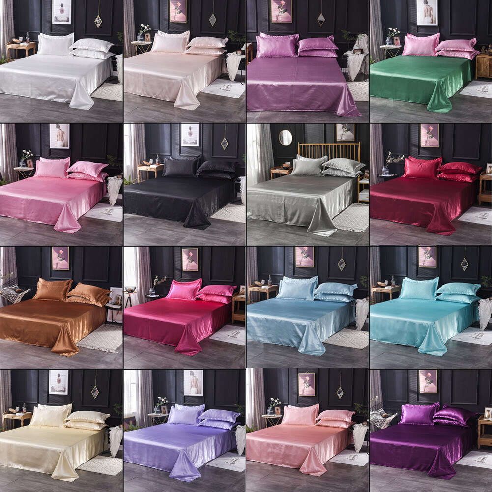 Satin Silk Bedding Set Flat Bed Sheet Pillow Case Flat Sheet Twin/Queen/King Bed
