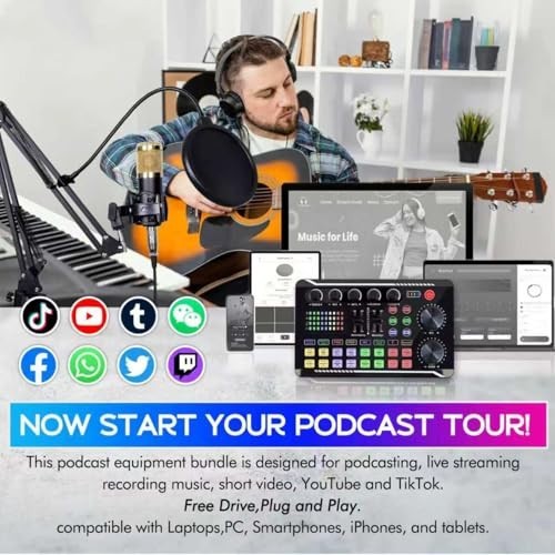 Podcast Equipment Bundle Sound Card Audio Interface Mixer Condenser Microphone