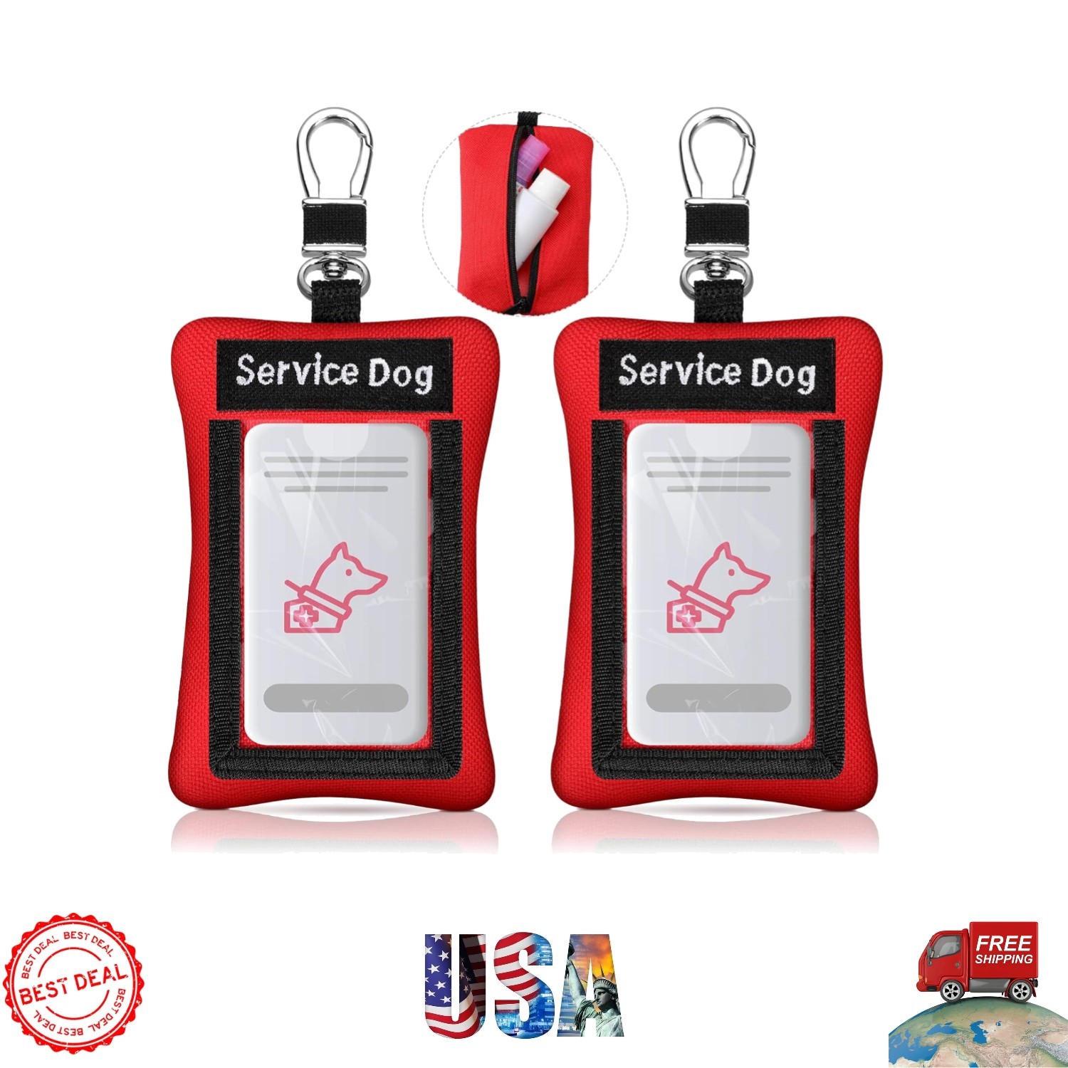 Convenient 2-Piece Service Dog ID Holder Set - Red Clip-On for Easy Display